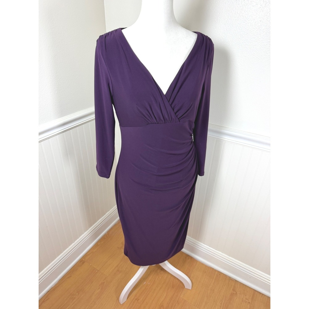 Lauren Ralph Lauren Sheath Dress Women Size 4 Purple Ruched Faux Wrap‎ V-Neck